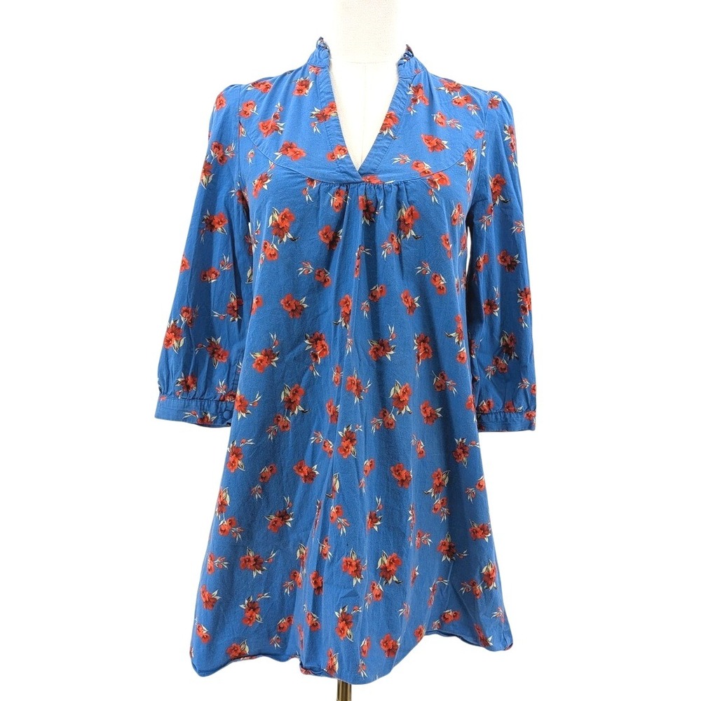 ZARA Floral Tunic Mini Dress – Blue Red‎ Poppy Print, Boho Peasant Style, Size S